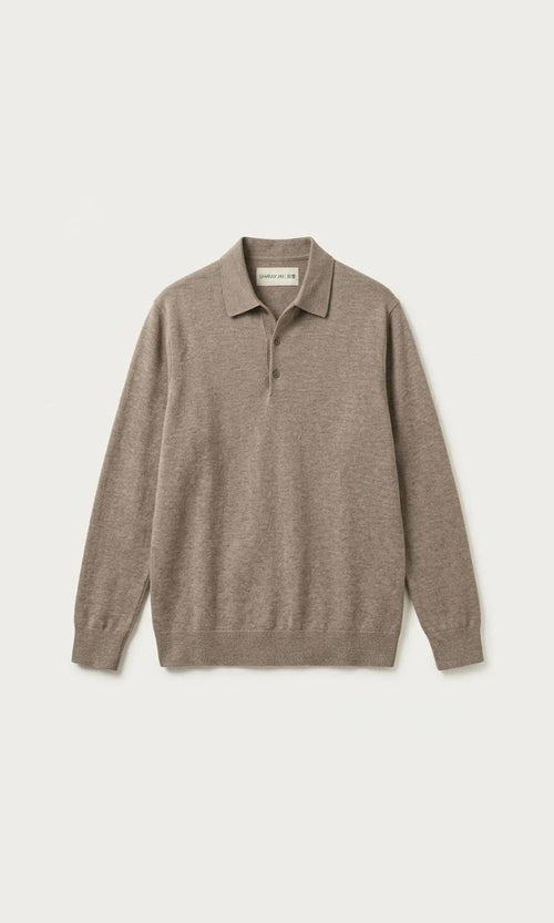 Kaze knit polo in taupe, front view