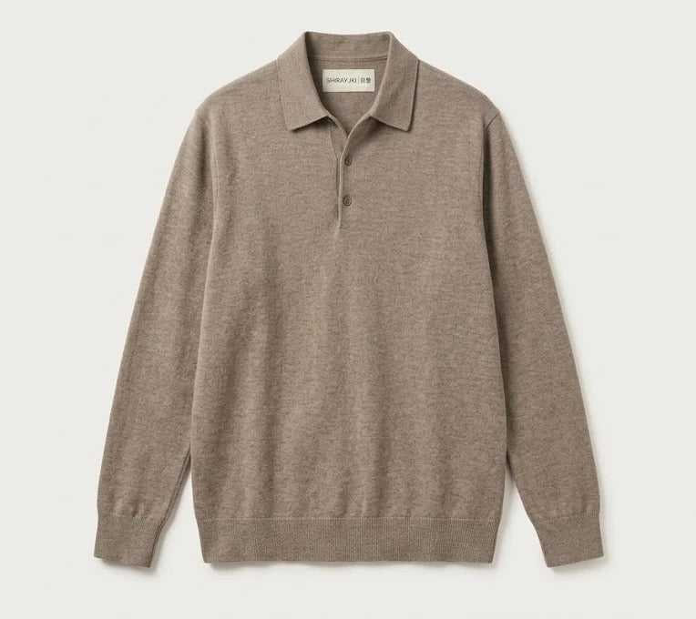 Kaze knit polo in taupe, front view